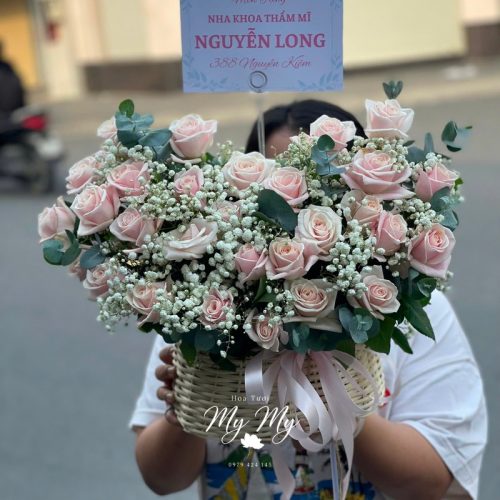 Giỏ Hoa Hồng Kem Pastel S156