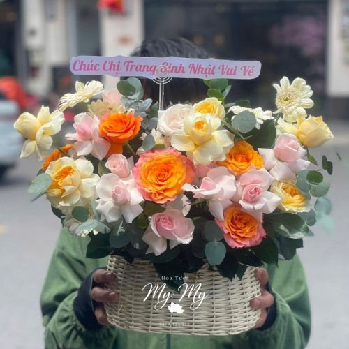 Giỏ Hoa Hồng Cam Vàng Pastel S150